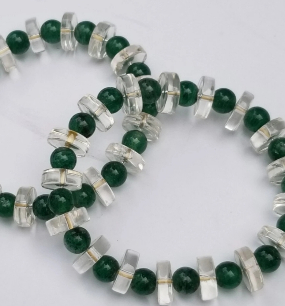 NWOT Vintage 1990s Dyed Green & Clear Crystal Quartz Stretch Bracelets OS Set/2